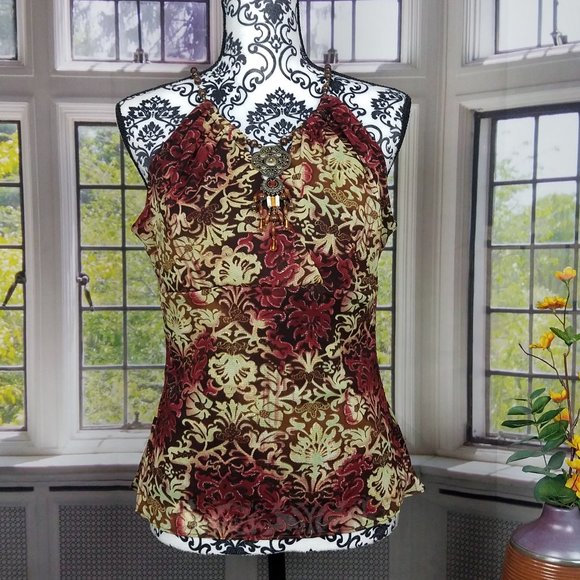 💖💖2 FOR $20💖💖 E BY ECI SLEEVELESS BEADED BURGUNDY & SAGE TOP (M) - Picture 2 of 9